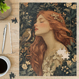 Puzzle Art Nouveau Maiden Floral Bird Fine Art
