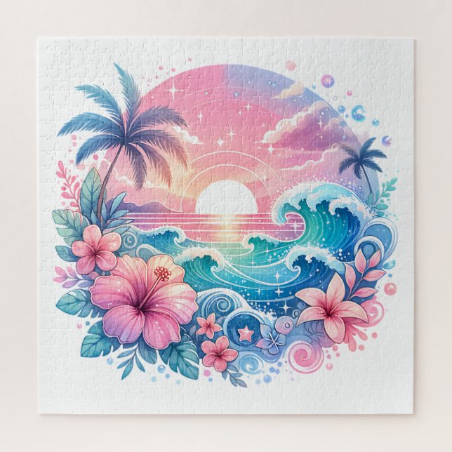 Puzzle Arte costero rosa y azul bonito (Vertical)