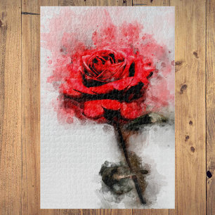 Puzzle Arte de Acuarela de Rosa Roja sobre Fondo Blanco