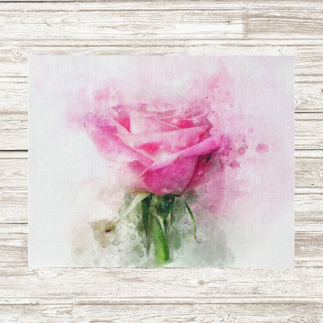 Puzzle Arte de acuarela de rosa rosa sobre fondo blanco (Pink Rose Watercolor Art on White Background. Jigsaw Puzzle)