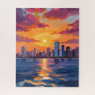 Puzzle Arte de acuarela del atardecer en el horizonte de 