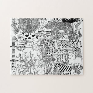 Puzzle Arte de animales salvajes dibujados a mano en blan