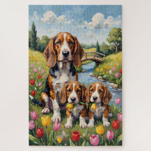Puzzle Arte de Basset Hound Tulip Meadow