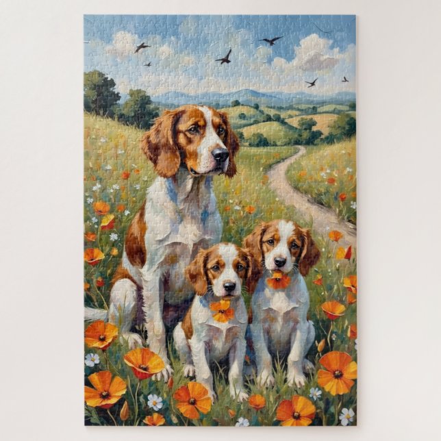 Puzzle Arte de Brittany Spaniel en Campo de Amapolas (Vertical)
