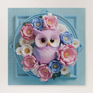 Puzzle Arte de búho elegante con acentos florales - rosa