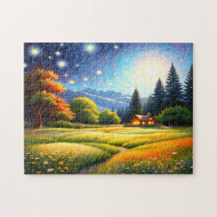 Puzzle Arte de cabaña en bosque de montaña