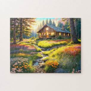 Puzzle Arte de cabaña en bosque de montaña