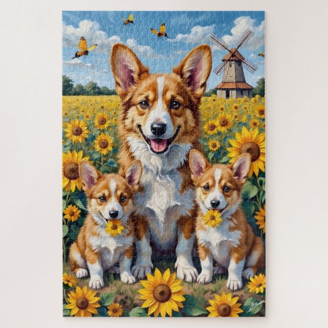 Puzzle Arte de campo de girasoles Corgi (Vertical)