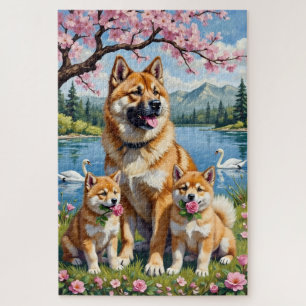 Puzzle Arte de familia de Akita americano en pradera