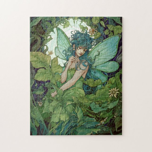 Puzzle Arte de fantasía de hadas de madera verde (Vertical)