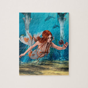 Puzzle Arte de fantasía de sirena de cabello rojo bajo el