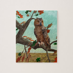 Puzzle Arte de fauna del arce de búho de otoño