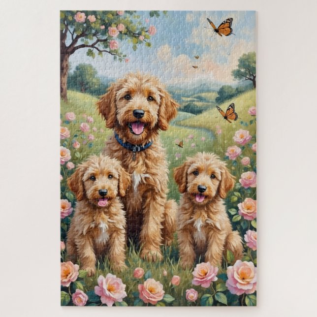 Puzzle Arte de Goldendoodle Wild Rose Meadow (Vertical)