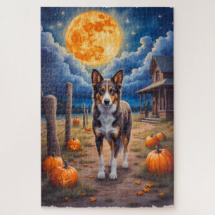 Puzzle Arte de Halloween de granja embrujada con perro bo