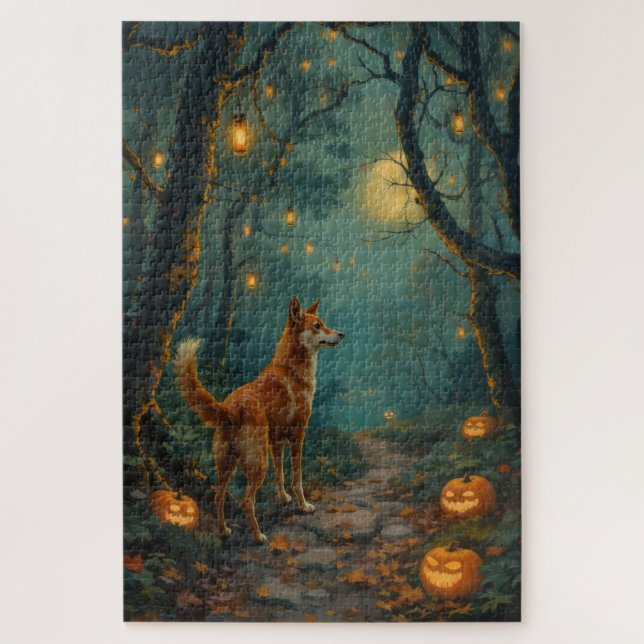 Puzzle Arte de Halloween del Bosque Encantado de Basenji (Vertical)