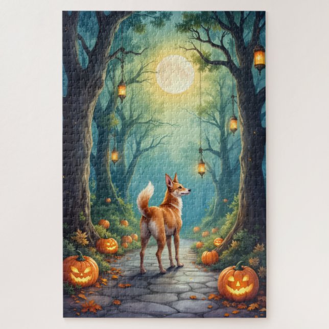 Puzzle Arte de Halloween del Bosque Encantado de Basenji (Vertical)