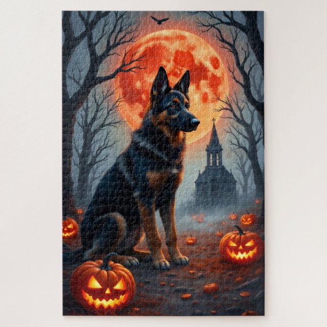 Puzzle Arte de Halloween del Bosque Gótico Pastor Alemán (Vertical)