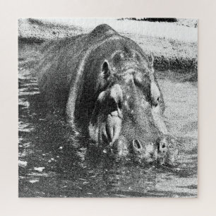 Puzzle Arte de hipopótamo blanco negro granuloso, rompeca