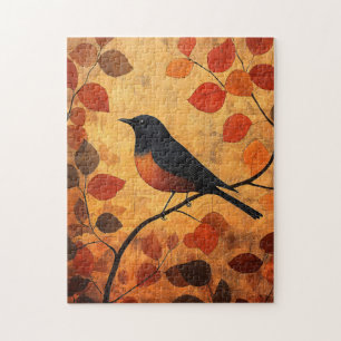 Puzzle Arte de Hojas de Otoño de Pájaro Negro