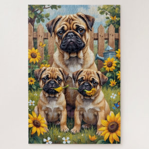 Puzzle Arte de jardín de girasoles Pug