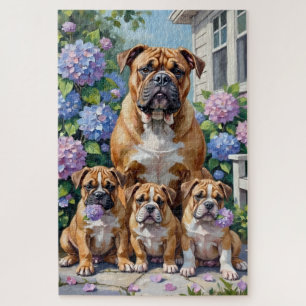 Puzzle Arte de jardín de Hortensias con Bulldog