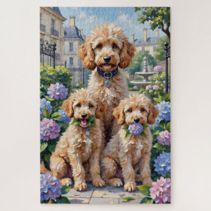 Puzzle Arte de jardín de Hortensias con Caniche