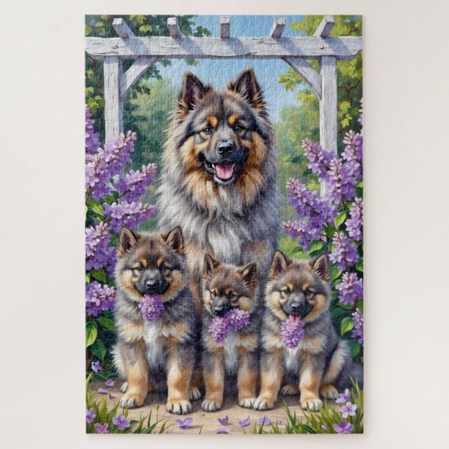 Puzzle Arte de jardín de lilac Keeshond (Vertical)
