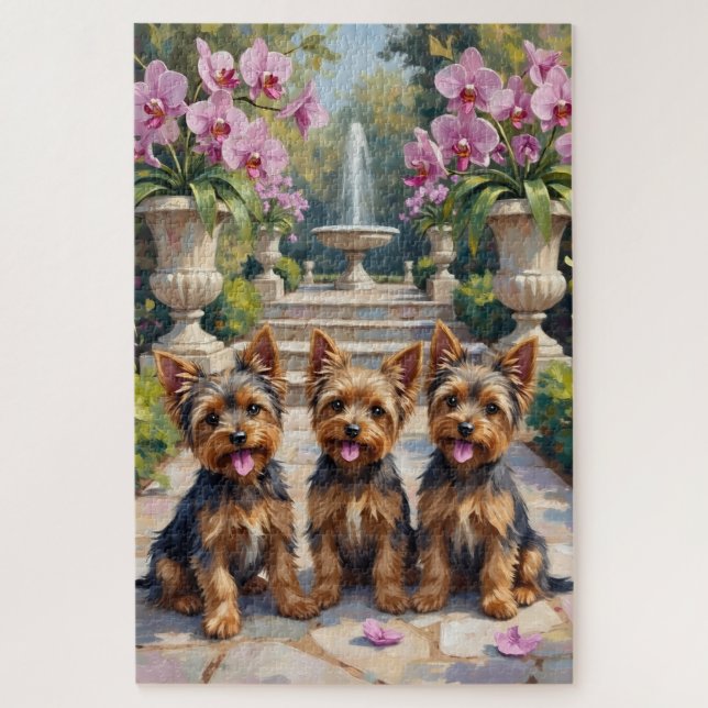 Puzzle Arte de jardín de orquídeas con Yorkshire Terrier (Vertical)