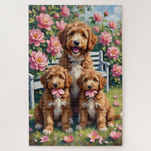 Puzzle Arte de jardín de peonías Bernedoodle (Vertical)