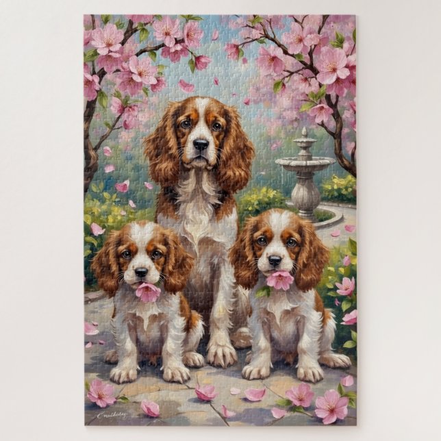 Puzzle Arte de jardín en flor del Cavalier King Charles (Vertical)