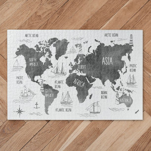 Puzzle Arte de Mapa Mundial Náutico Blanco y Negro