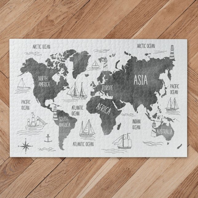 Puzzle Arte de Mapa Mundial Negro Blanco Náutico (Close up)