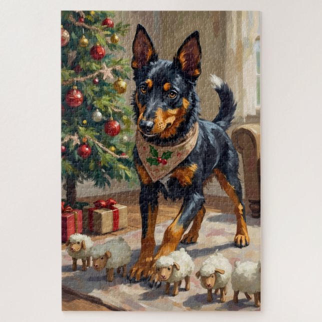Puzzle Arte de Navidad de Australian Kelpie pastoreando (Vertical)