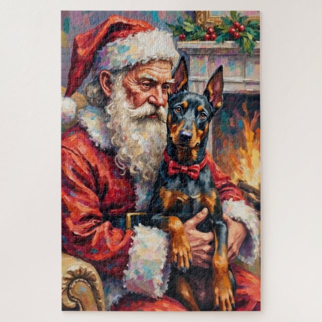 Puzzle Arte de Navidad de Papá Noel con Doberman (Vertical)