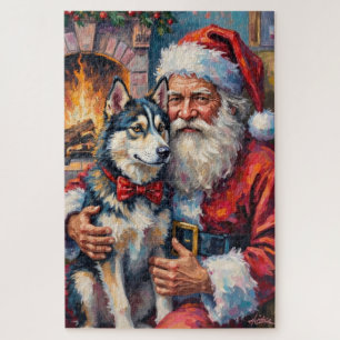Puzzle Arte de Navidad de Papá Noel con Husky Siberiano