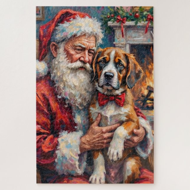 Puzzle Arte de Navidad de Papá Noel con San Bernardo (Vertical)