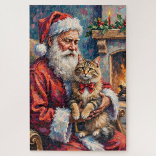 Puzzle Arte de Navidad de Santa Claus con gato siberiano