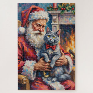 Puzzle Arte de Navidad del gato azul oriental de Santa Cl
