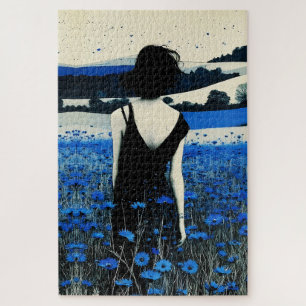 Puzzle Arte de pared de campo de flores silvestres azules