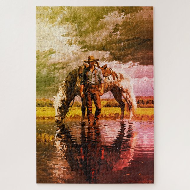 Puzzle Arte de pared de reflexión de vaquero y caballo –  (Vertical)