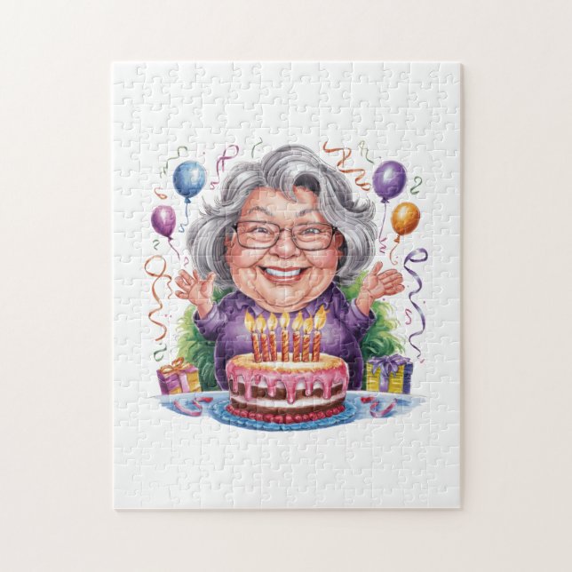 Puzzle Arte de pastel de cumpleaños de anciana emocionada (Vertical)