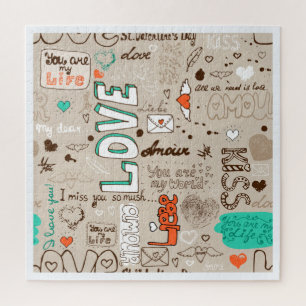 Puzzle Arte de patrón de doodle de amor multilingüe