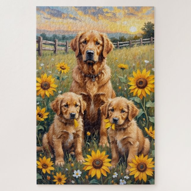 Puzzle Arte de prado de girasoles Retriever Dorado (Vertical)