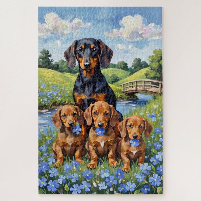 Puzzle Arte de prado de nomeolvides de Dachshund (Vertical)