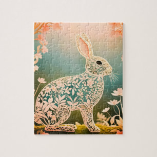 Puzzle Arte de primavera en conejo floral blanco