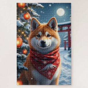 Puzzle Arte de retrato de Navidad japonés Akita de invier