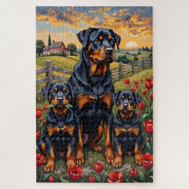 Puzzle Arte de Rottweiler en Campo de Tulipanes (Vertical)