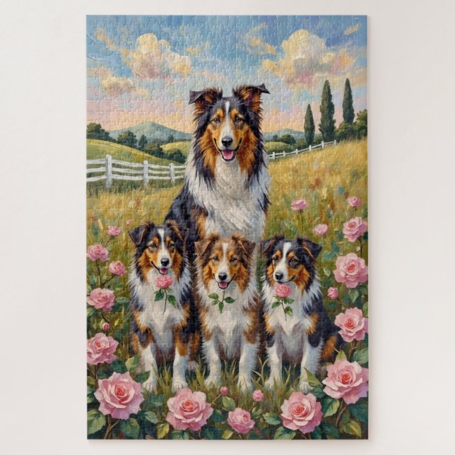 Puzzle Arte de Rough Collie Rose Meadow (Vertical)
