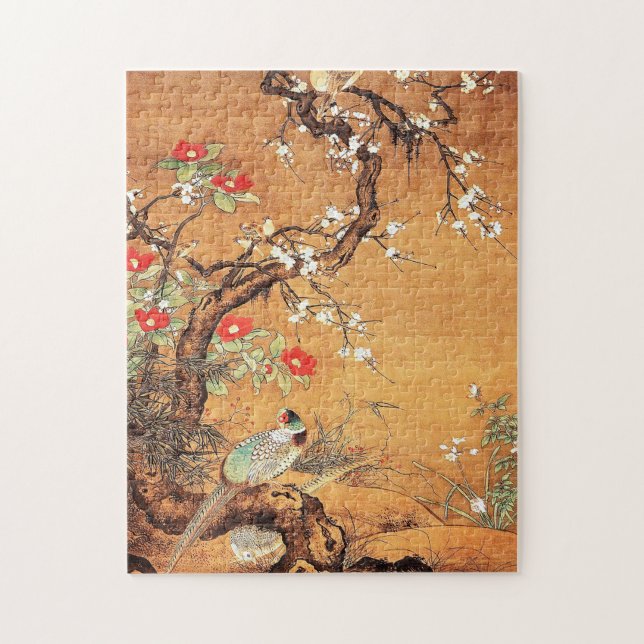 Puzzle Arte de tinta china oriental faisán y camélica (Vertical)