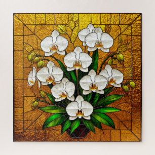 Puzzle 💛 Arte de vidrio emplomado de orquídea con detall